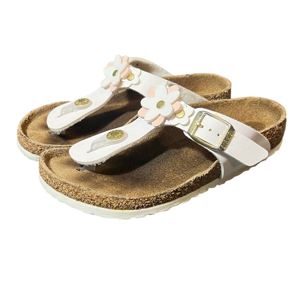 Birkenstock Gizeh Sandals Kids Size 30 White Floral Cork T-Strap Buckle Shoes